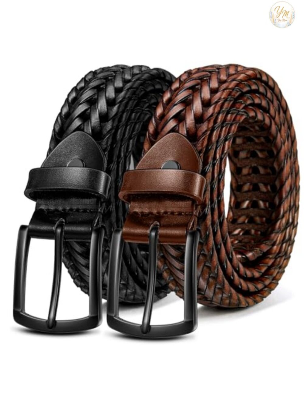 Men's Braided Woven Faux Leather Belt 2 Pack Golf Casual Adjustable No-Hole